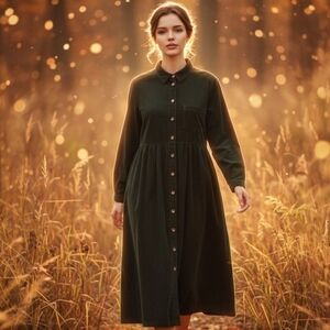 Vintage 90's Original TY Wear Green Corduroy Long Sleeve Modest Dress Pockets